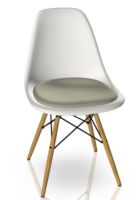 Eames Plastic Side Chair DSW Chair with Seat Cushion Vitra Maple yellowish, Hopsak warmgrey/ivory, White