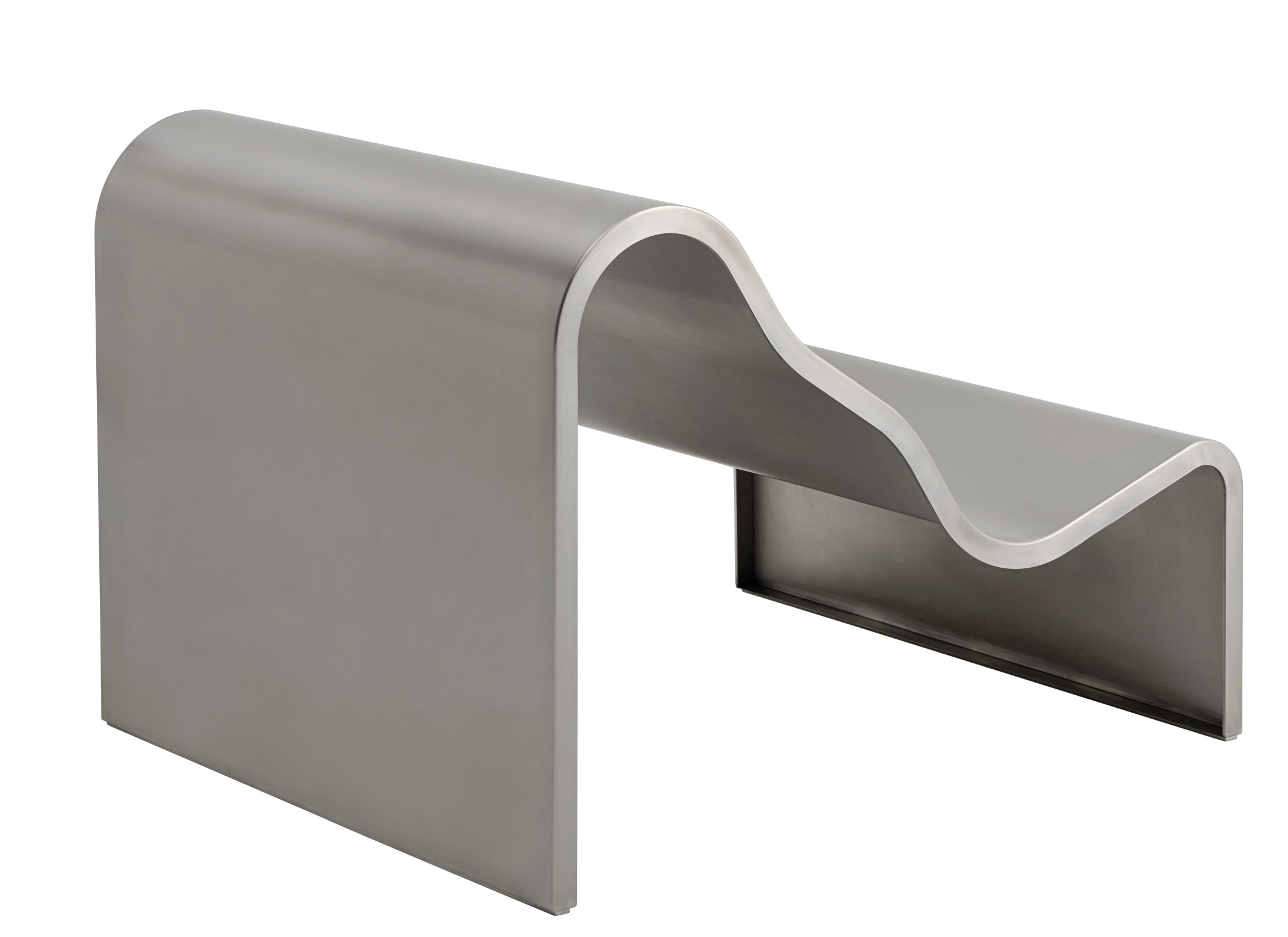 Muuto Dream Bench Bank für Innen und Außen, moderne Sitzbank aus gebogenem, grauem Stahl.