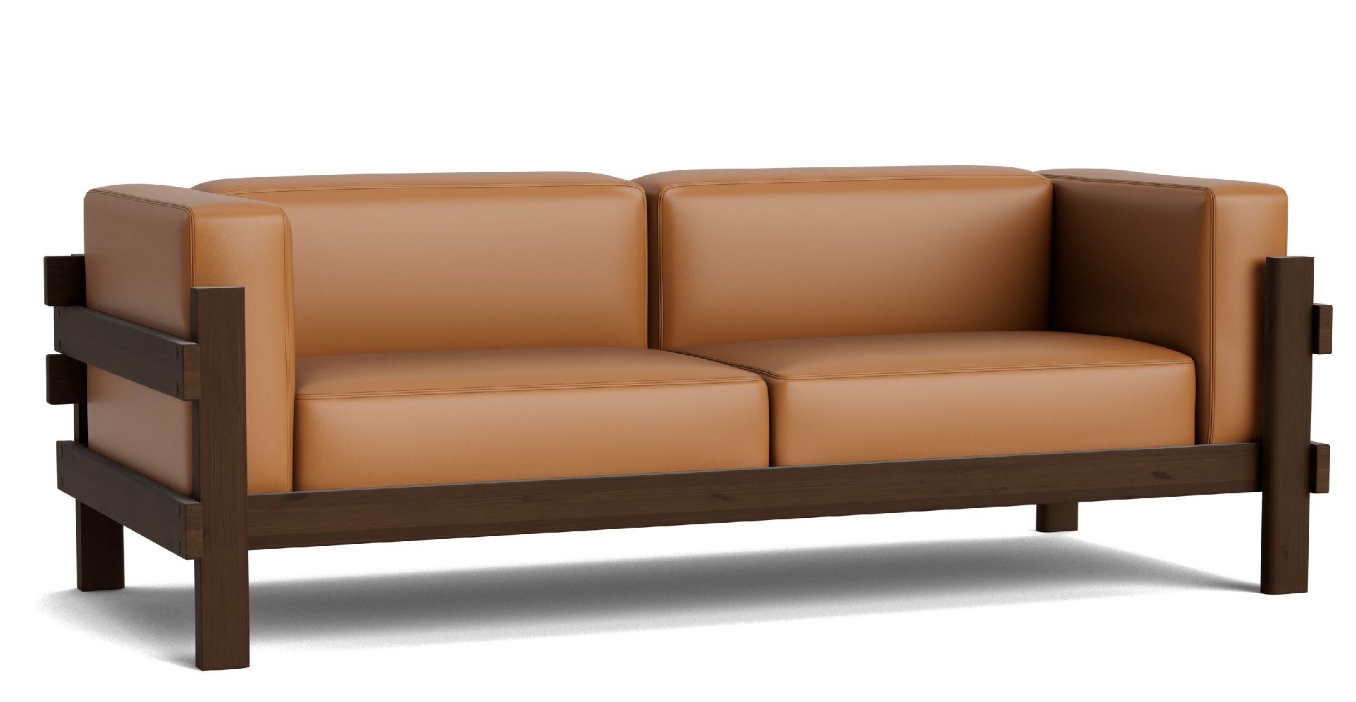 Kube Sofa von Normann Copenhagen, modernes 2-Sitzer Sofa mit braunem Holzrahmen und cognacfarbenem Lederbezug.