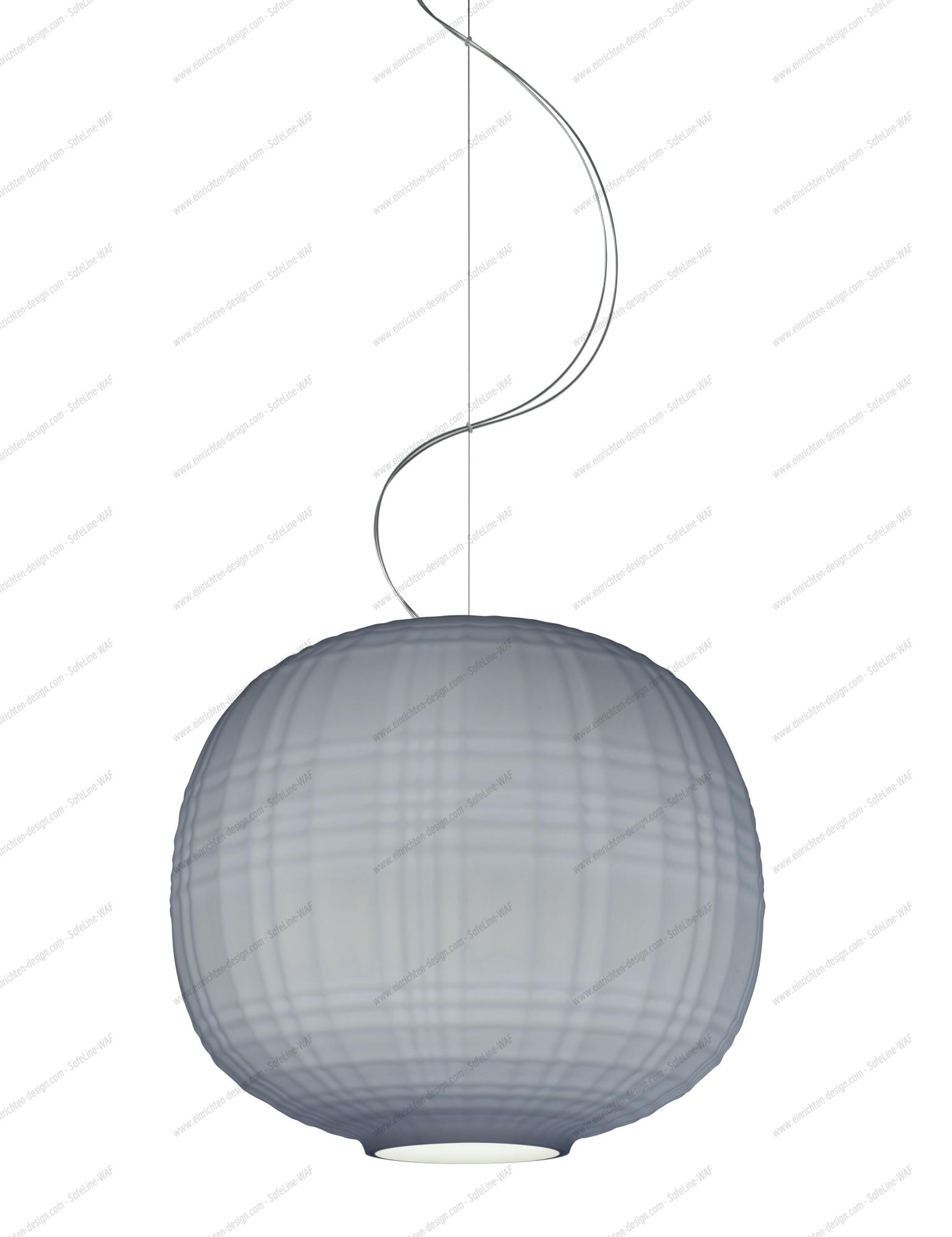 Nahaufnahme der grauen Foscarini Tartan Pendelleuchte mit Textur und filigranen Aufhängungsdrähten vor weißem Hintergrund.