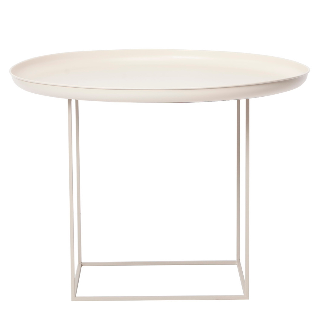 Duke Coffee Table in Antikweiß: Moderner Couchtisch mit ovaler Tischplatte und filigranem Metallgestell.