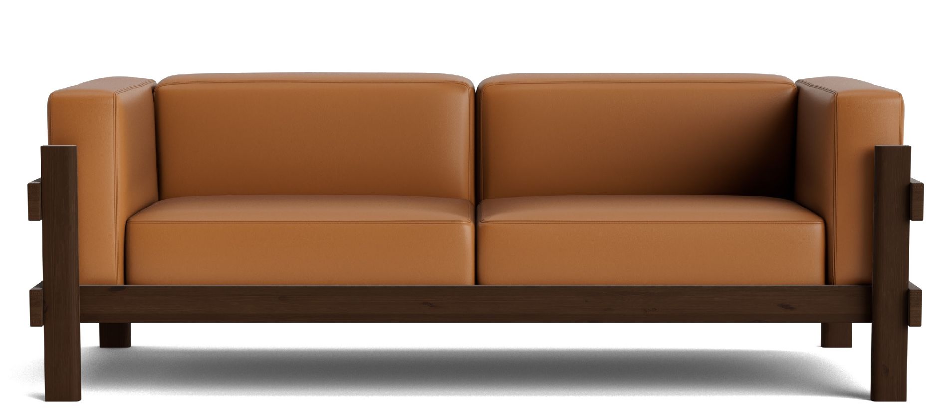 Kube Sofa von Normann Copenhagen, modernes Ledersofa in Braun mit dunklem Holzrahmen.