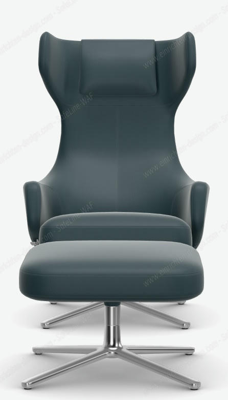 Grand Repos armchair + ottoman LOW / LEATHER PREMIUM WITH CONTRAST SEAM SMOKE BLUE Vitra SINGLE PIECES