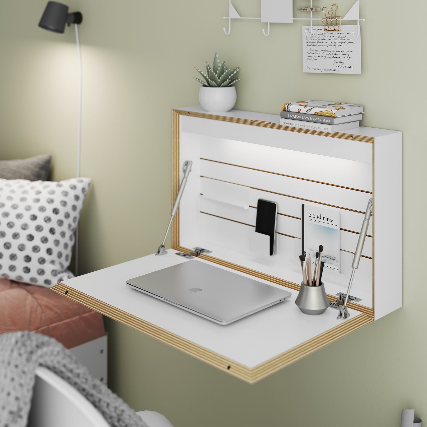 Moderner Flatbox Sekretär von Müller Möbelwerkstätten in Weiß mit Laptop und Büroutensilien, ideal für kleine Räume.