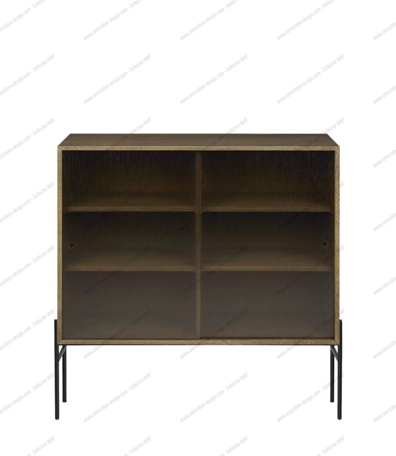 Hifive Glasvitrine aus geräucherter Eiche mit Schiebetüren und schwarzen Metallbeinen. Modernes Sideboard für Wohnzimmer und Esszimmer.