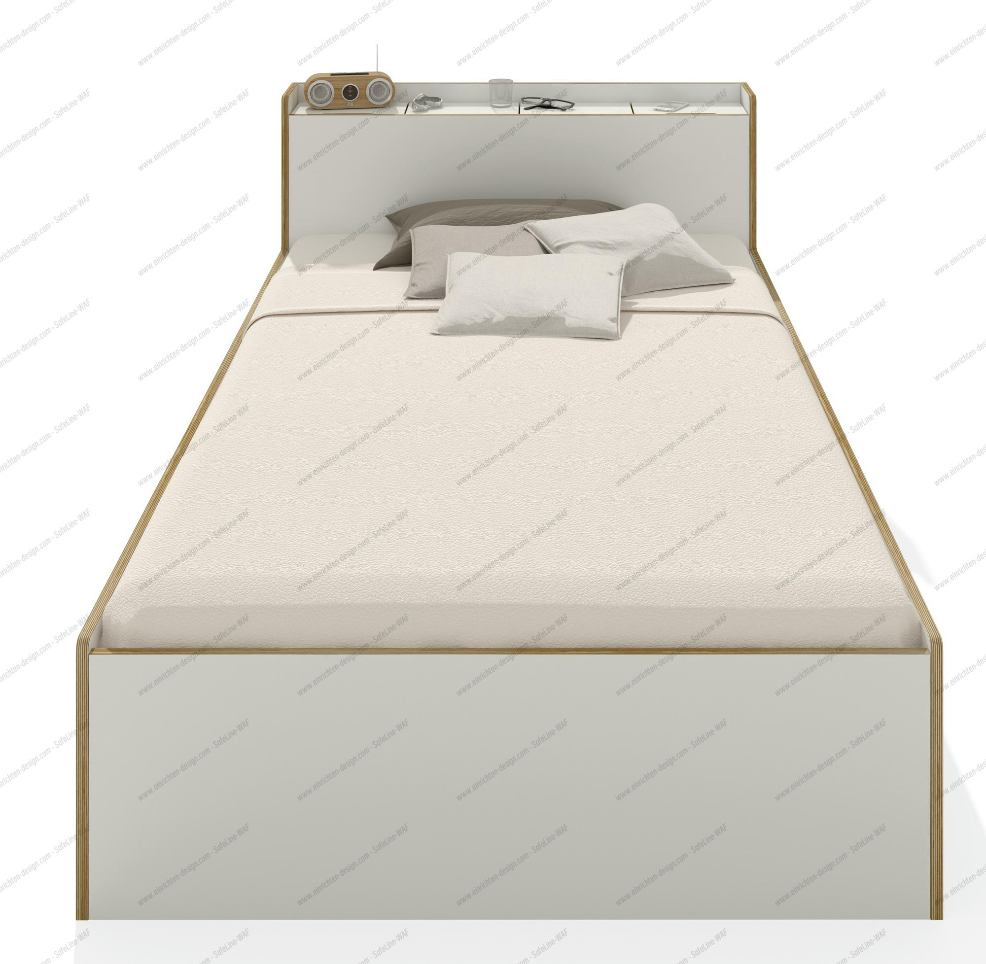 Weißes Nook Einzelbett von Müller Möbelwerkstätten mit Ablagefläche am Kopfteil. Modernes Design.