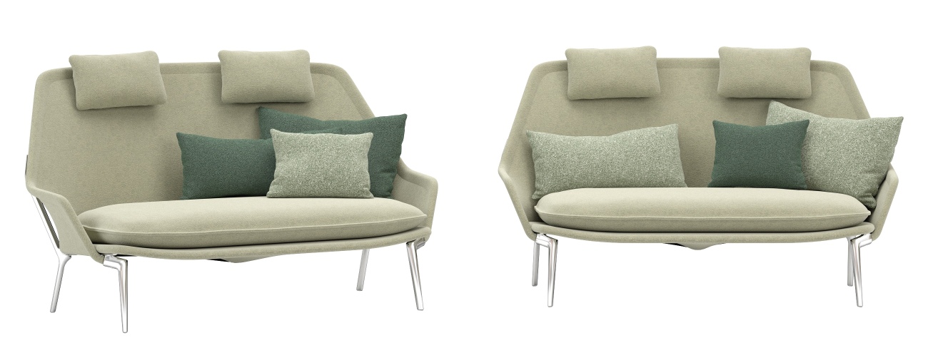 Vitra Slow Sofa aus Stoff in Beige und Grün mit Kissen und Stahlbeinen.