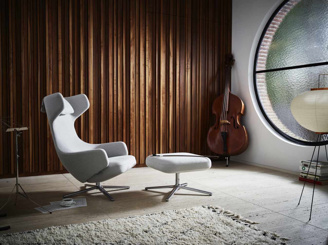Grand Repos Armchair + Ottoman Vitra Polished Nubia Ivory / Pearl