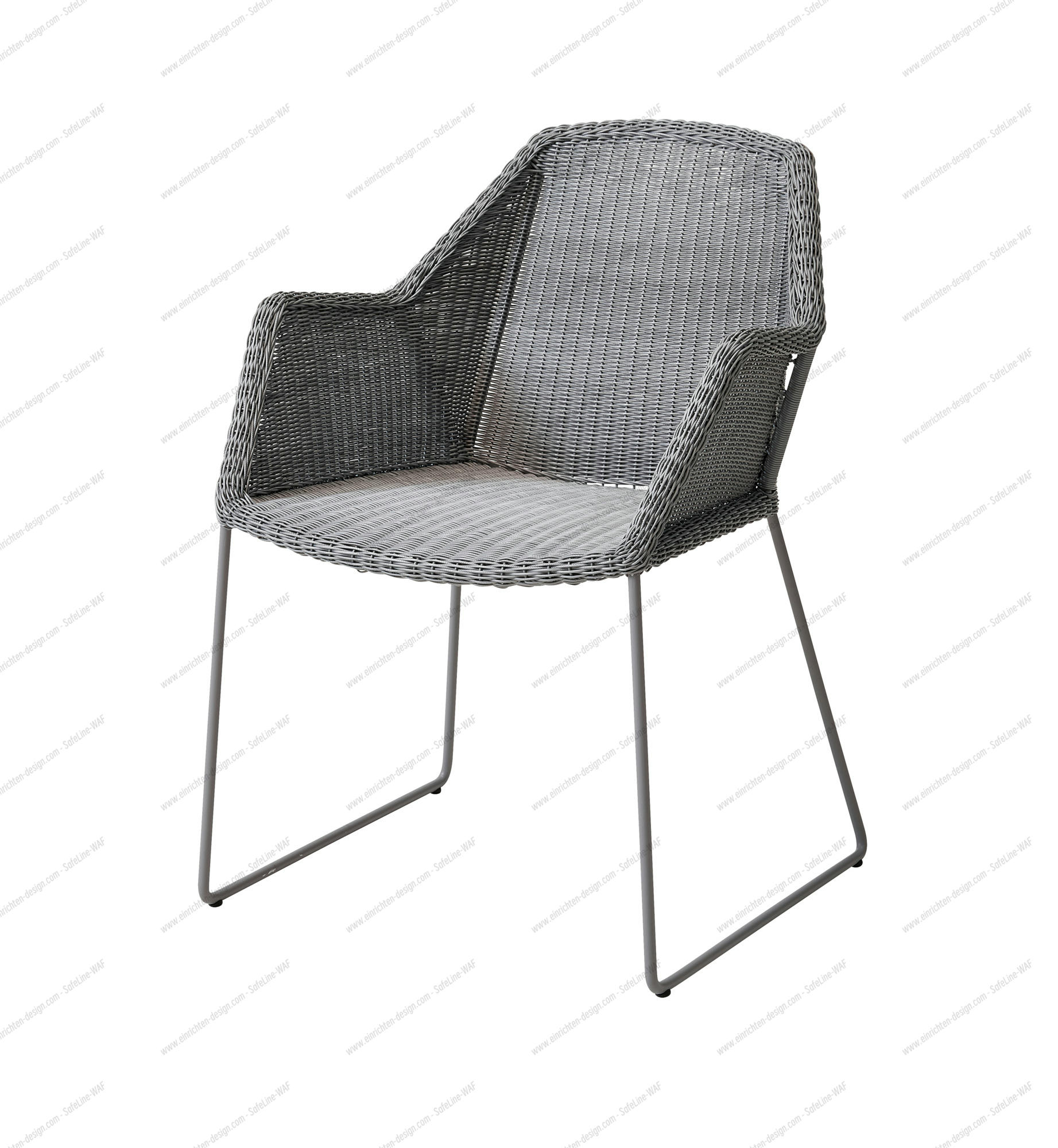 Hellgrauer Cane-Line Breeze Outdoor Stuhl mit Kufengestell, geflochtenem Design und Armlehnen. Gartenmöbel für Terrasse und Balkon.