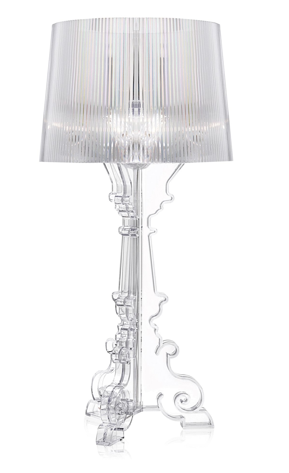 Bourgie Tischleuchte von Kartell, glasklar und dimmbar, aus transparentem Kunststoff mit plissiertem Lampenschirm.