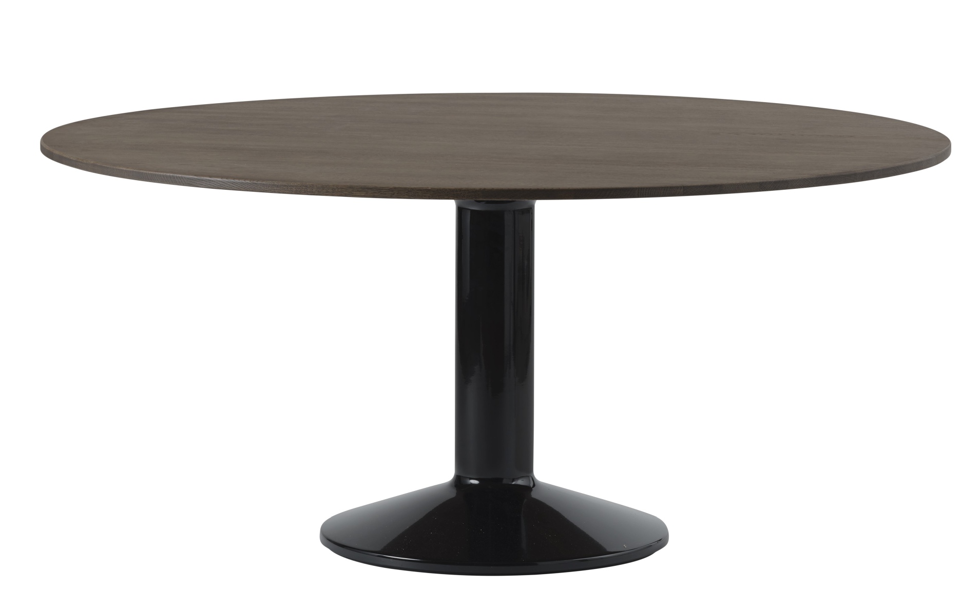 Muuto MIDST Table Esstisch mit runder, brauner Tischplatte und schwarzem, trompetenförmigem Fuß.
