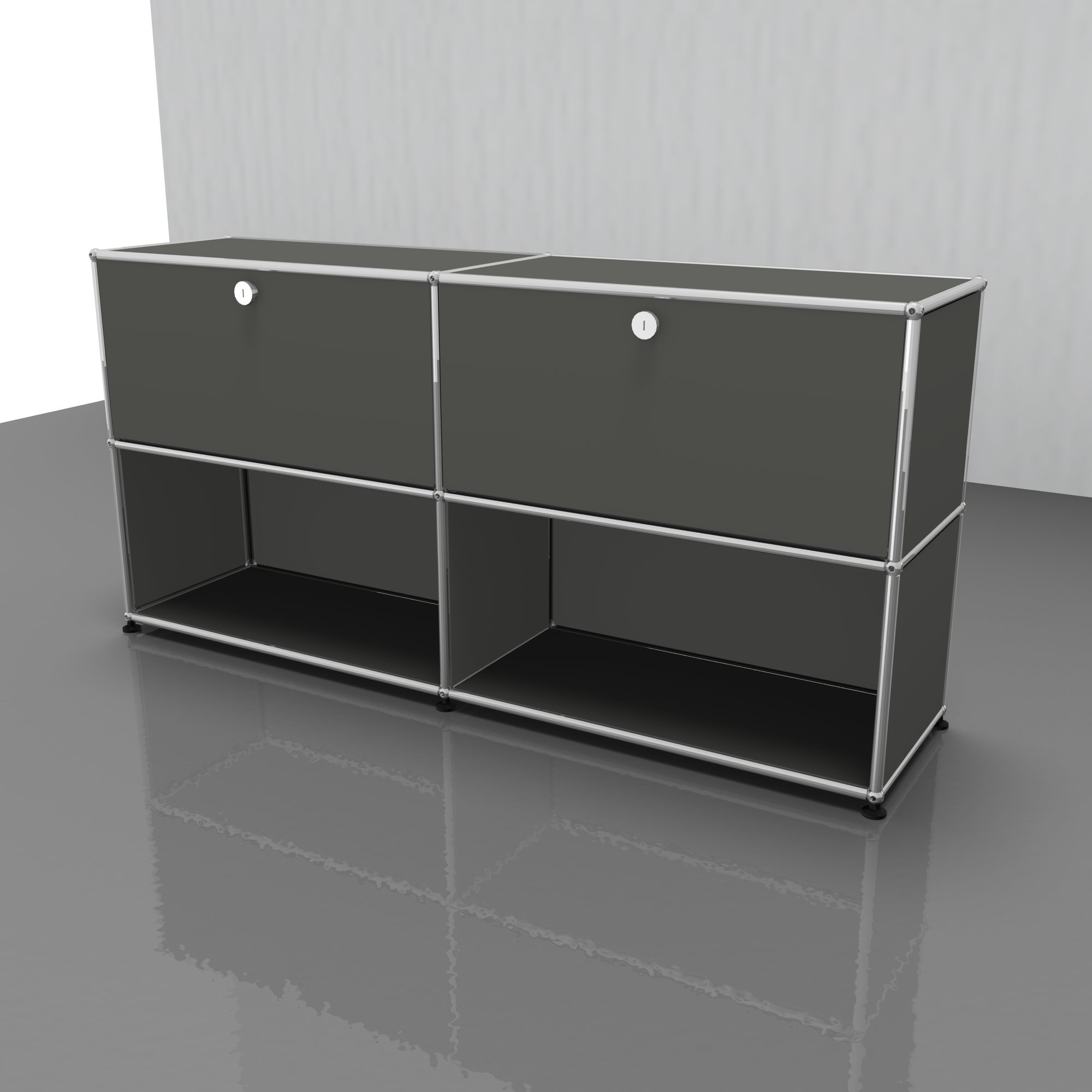 USM Haller Sideboard in Mittelgrau mit zwei Klappen, modernes Designmöbel für Wohnzimmer und Büro.