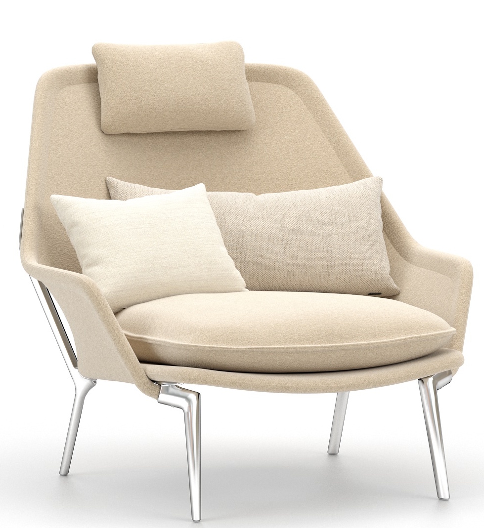 Vitra Slow Chair Sessel mit Stoffbezug in Beige und Kopfstütze, modernes Design für Wohnzimmer.