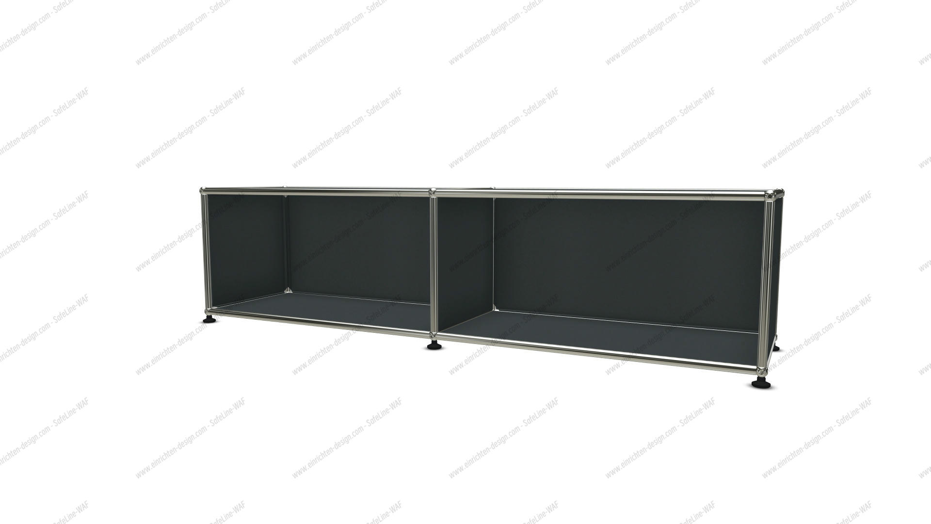 USM Haller Lowboard in Anthrazit mit offenen Fächern, modernes modulares Möbelstück für Wohnzimmer und Büro.