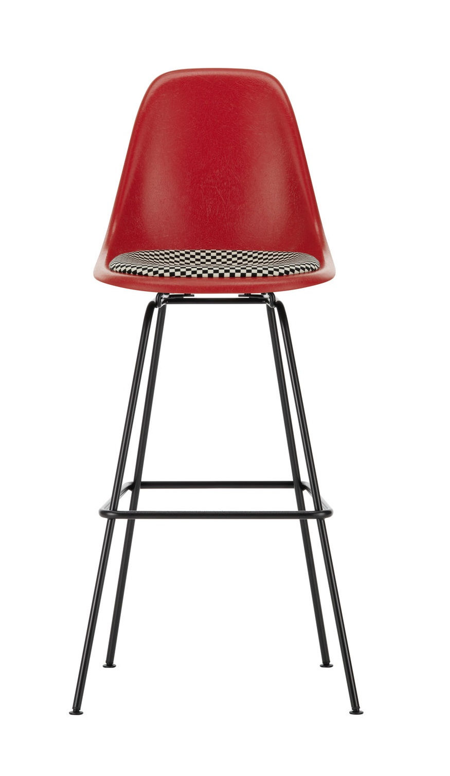 Eames Fiberglass Bar Stool High von Vitra, roter Hocker mit Sitzpolster und schwarzem Gestell.