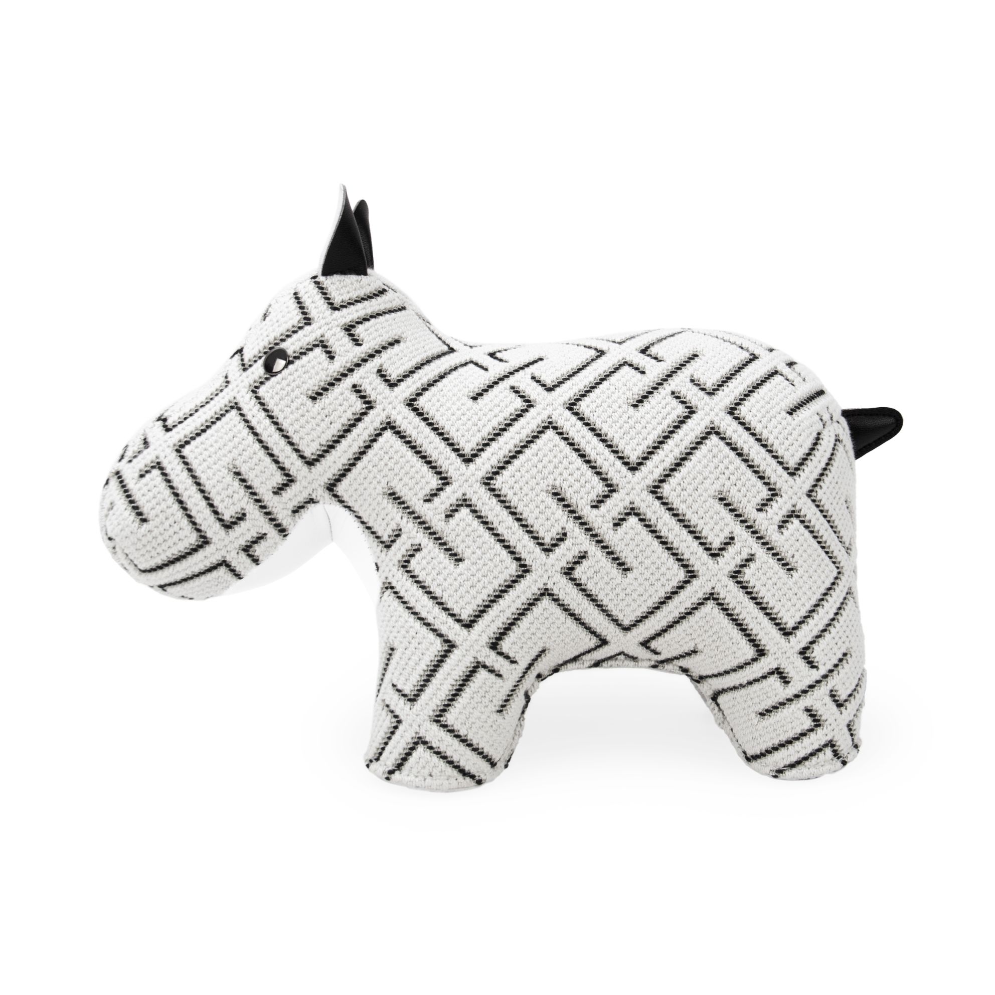 Weiße Hippo Buchstütze mit schwarzem geometrischem Muster, Zuny x KVADRAT Design, modernes Wohnaccessoire für Bücherregale.