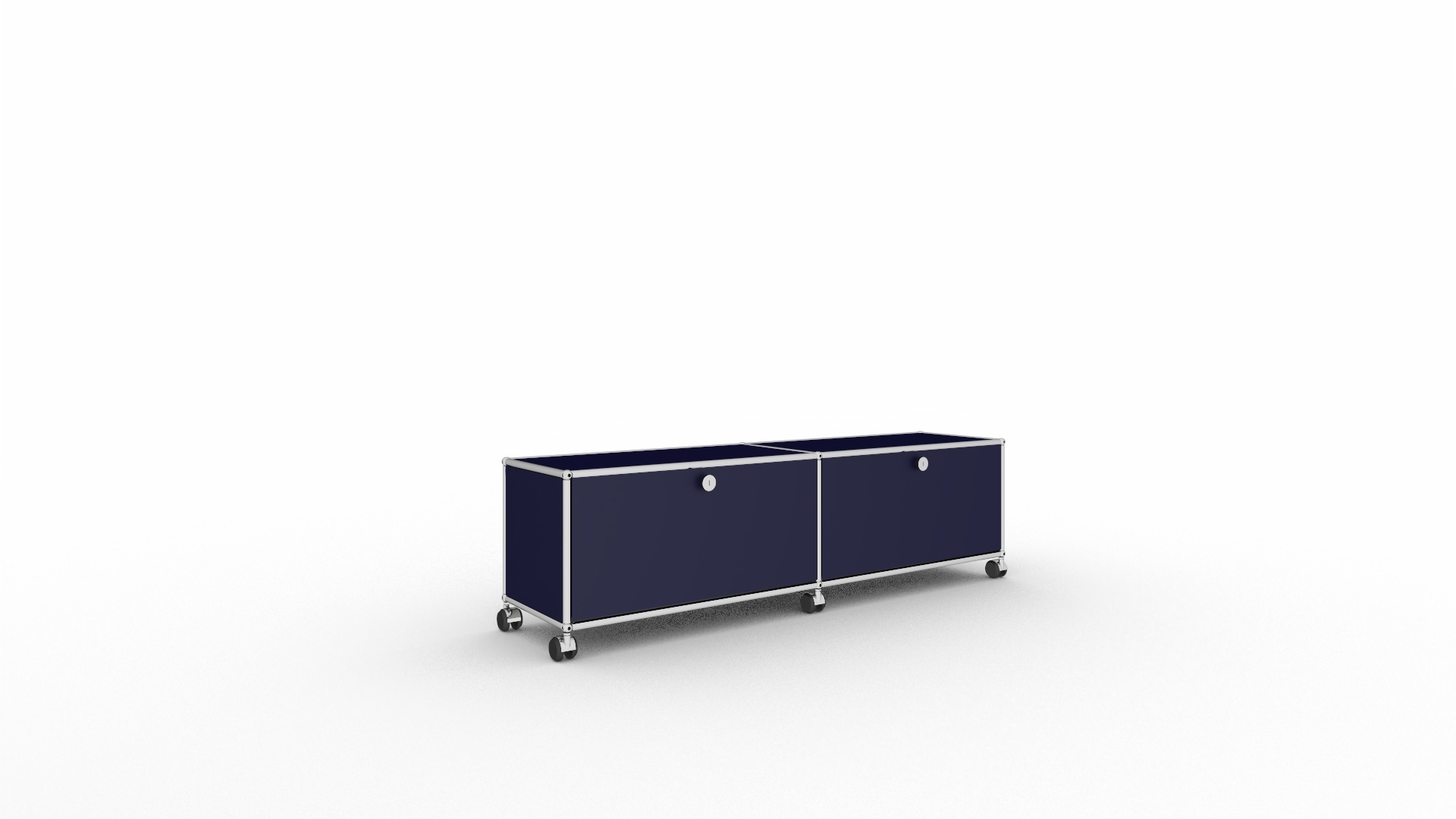 USM Haller Lowboard in Stahlblau: Schmales TV-Möbel mit zwei Fächern und Rollen für Wohnzimmer.