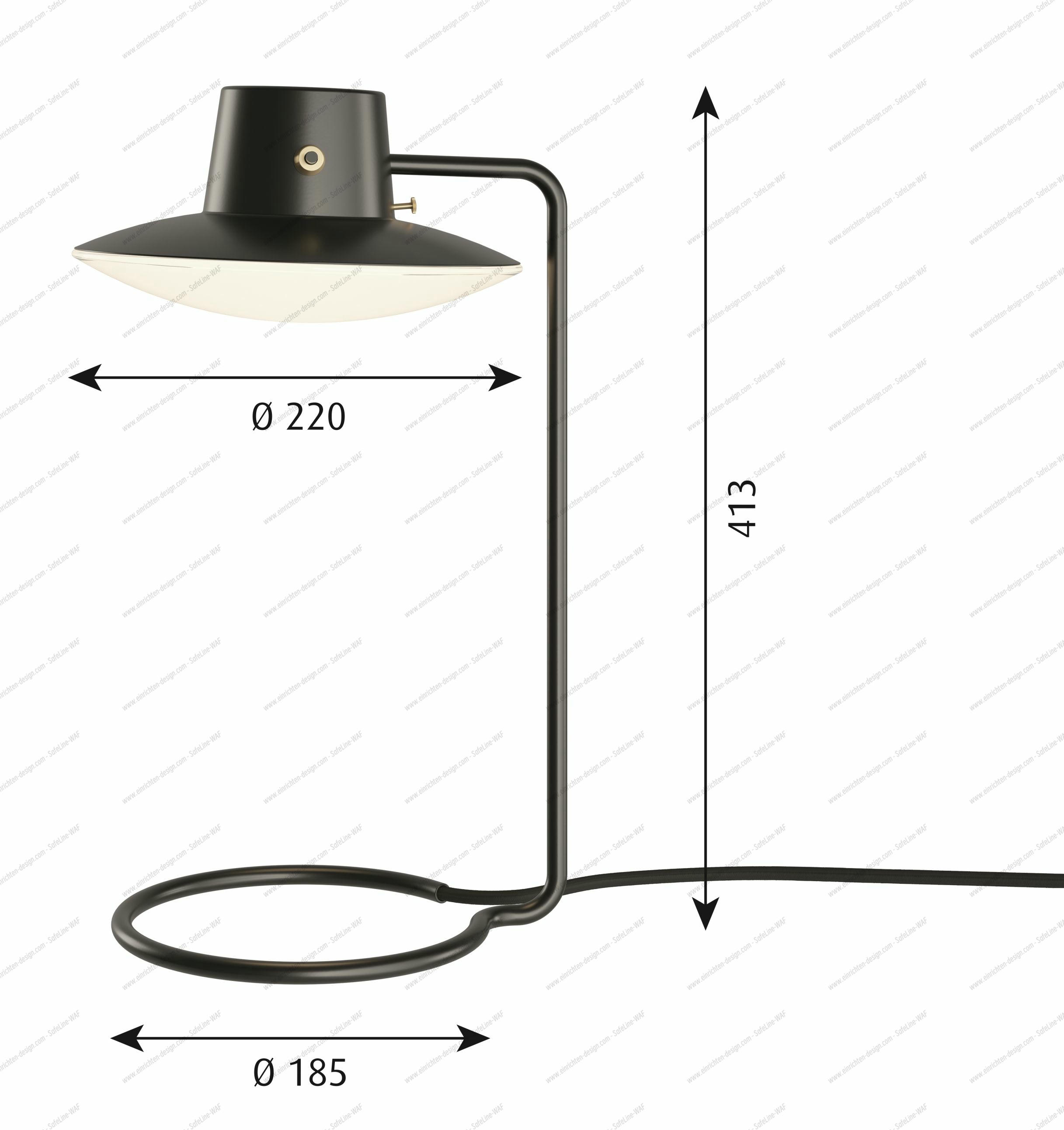 AJ Oxford Tischleuchte von Louis Poulsen, schwarzes Metall, Opalglas, Design-Tischlampe mit Maßen.
