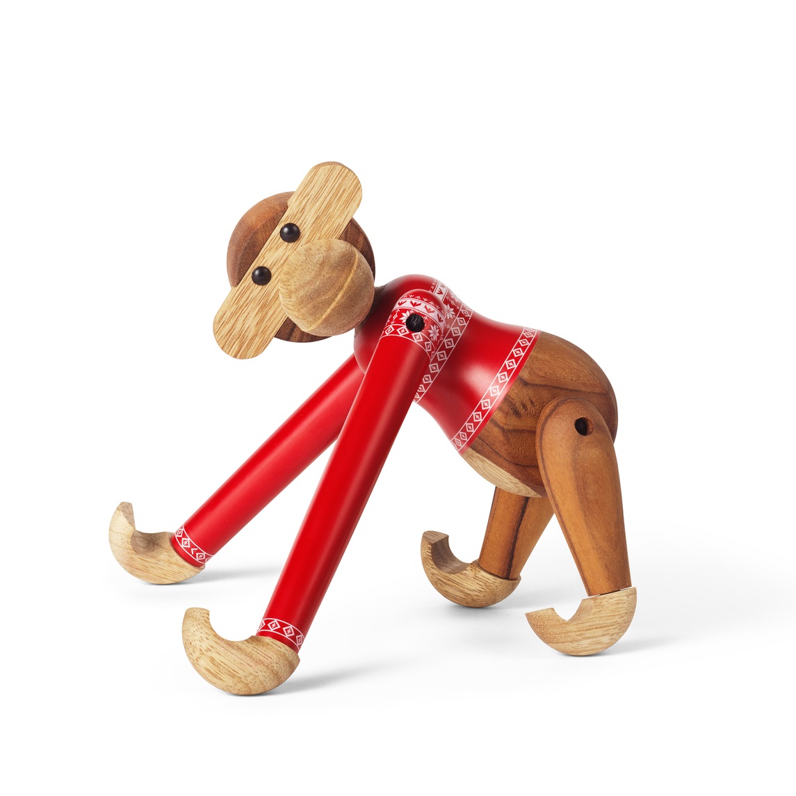 Kay Bojesen Affe Holzfigur, kleine Ausführung mit rotem Christmas Jumper, festliche Weihnachtsdekoration 2024.