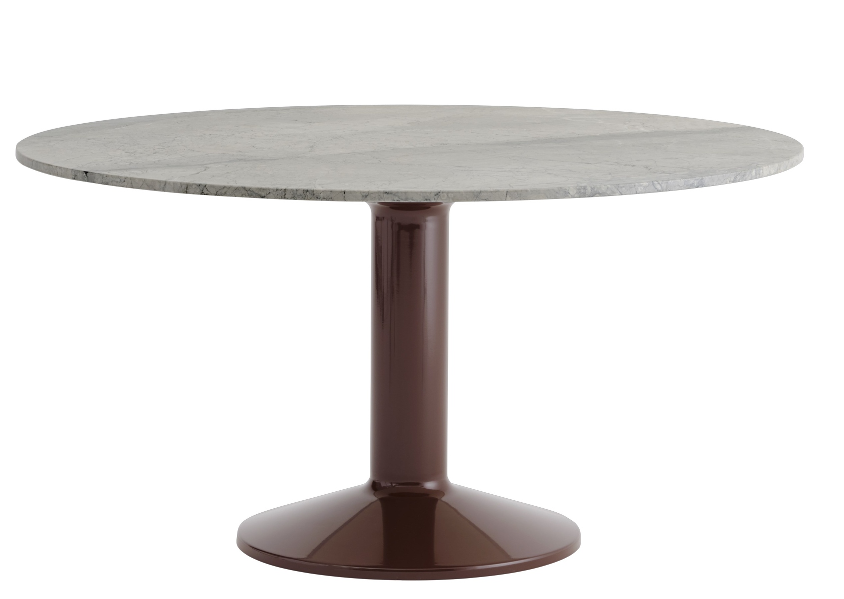 MIDST Table Esstisch von Muuto mit runder, grauer Marmorplatte und braunem, trompetenförmigem Fuß auf weißem Hintergrund.