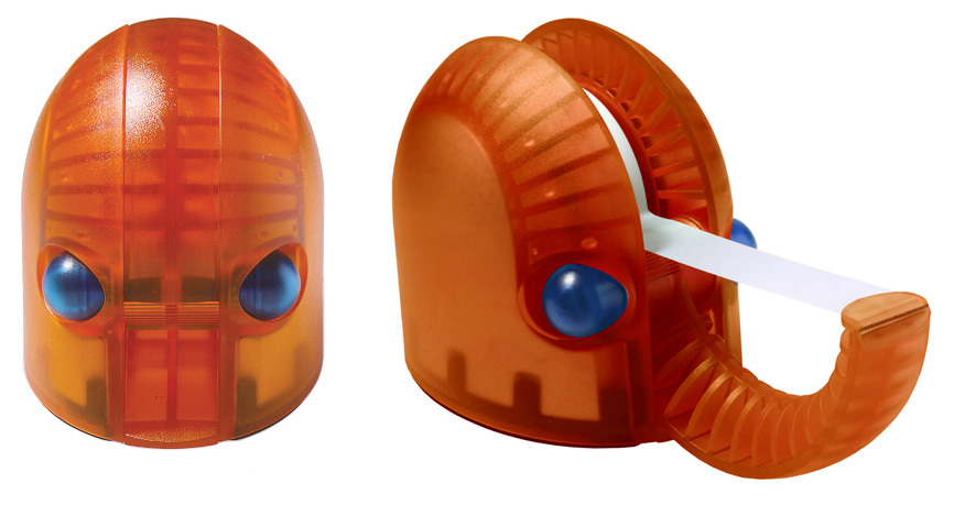 Hannibal Tape Dispenser von Rexite, oranger Klebefilmabroller in außergewöhnlichem Design, Vorder- und Seitenansicht.
