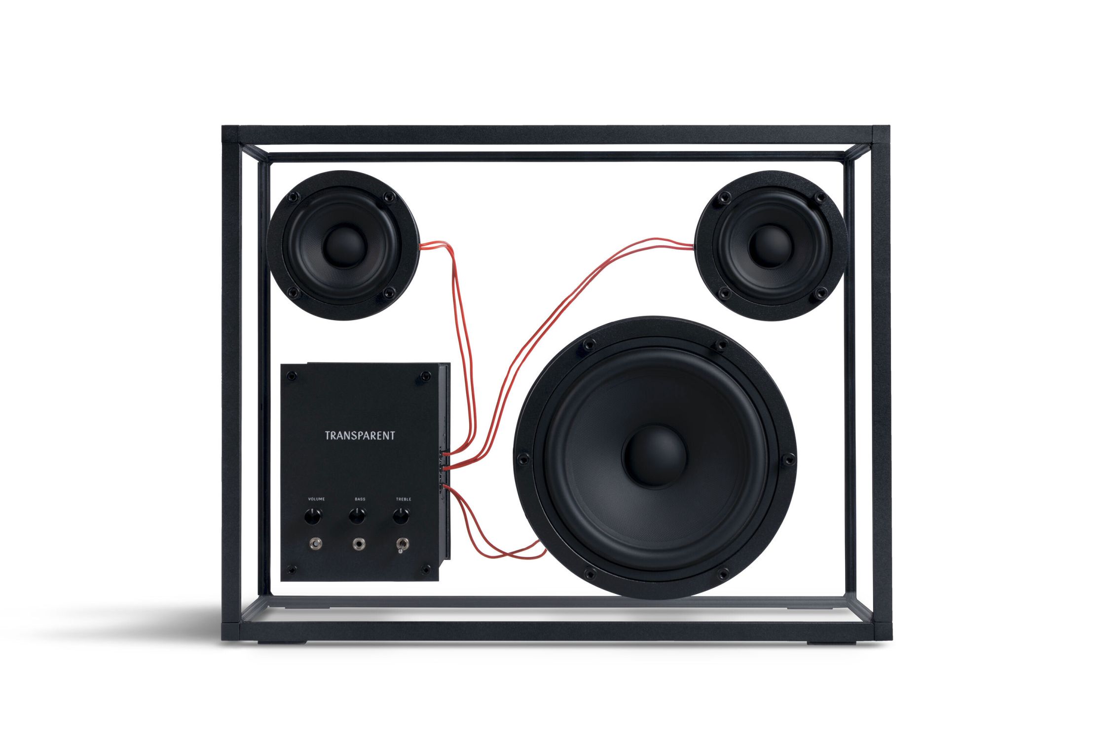 Transparent loudspeaker black with red cables Transparent