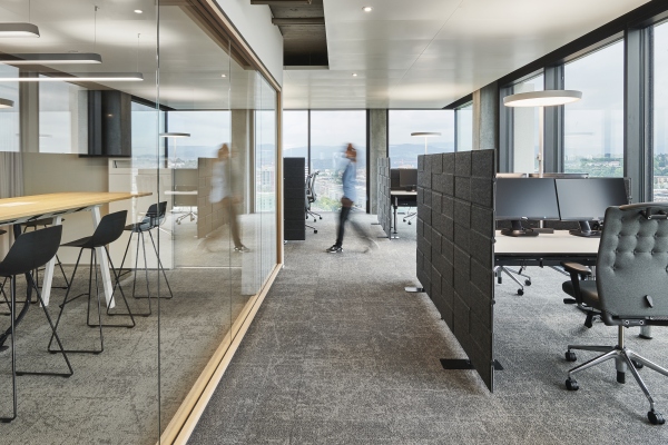 Büro mit USM Haller Privacy Panels als Raumteiler für Privatsphäre und Schallschutz am Arbeitsplatz.