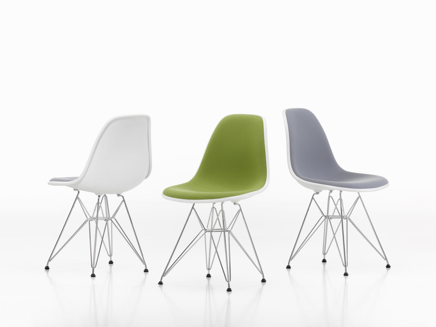 Eames Plastic Side Chair DSR Chair with Seat Cushion Vitra Chrome - Hopsack warmgrey/ivory, White