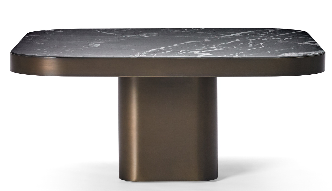 Bow Coffee Table Couchtisch No. 3 ClassiCon mit quadratischer Marmorplatte und bronzefarbenem Metallfuß.