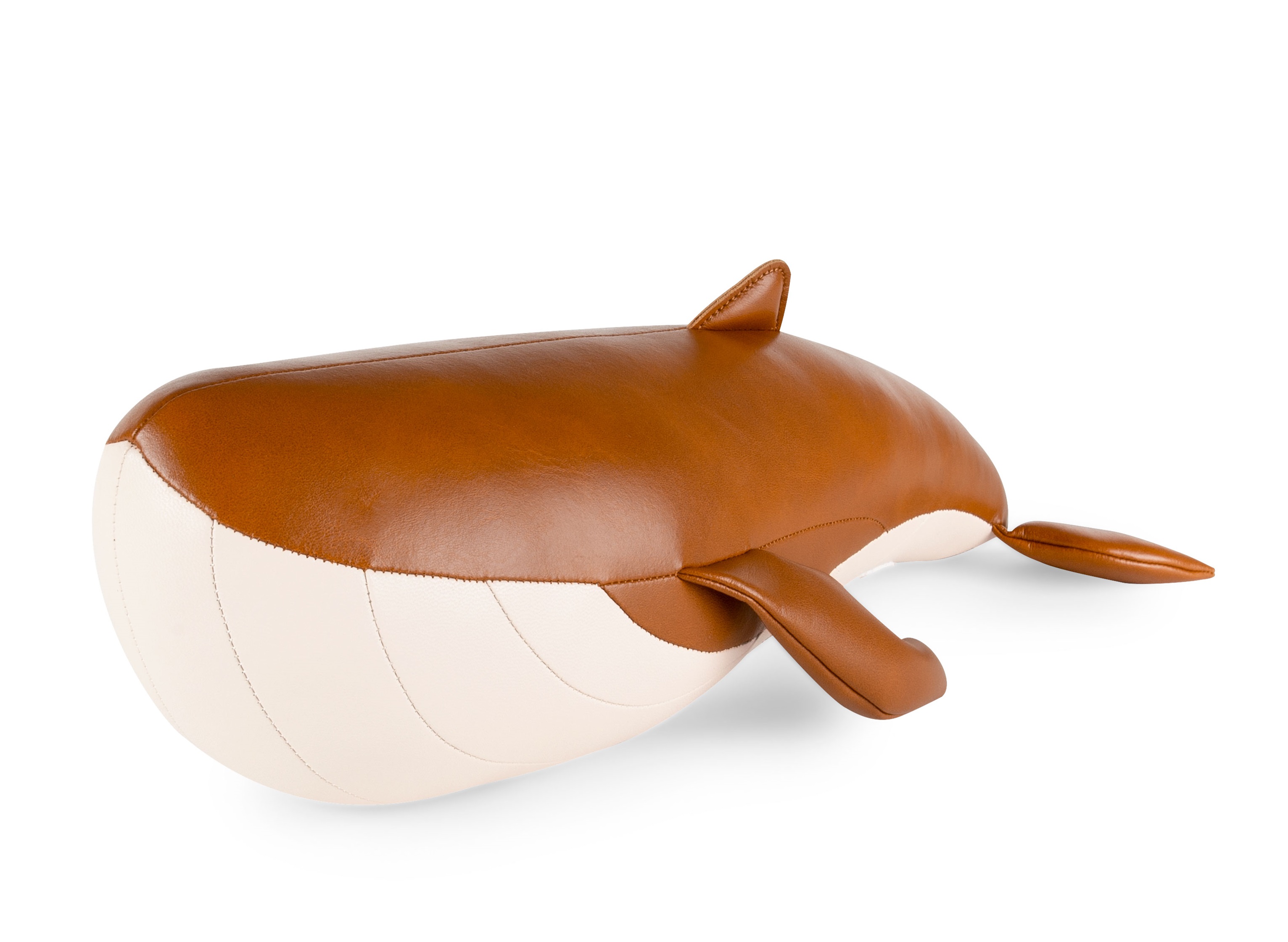 Whale Doorstop: Stofftier Wal als Türstopper in Braun und Beige, seitliche Ansicht.