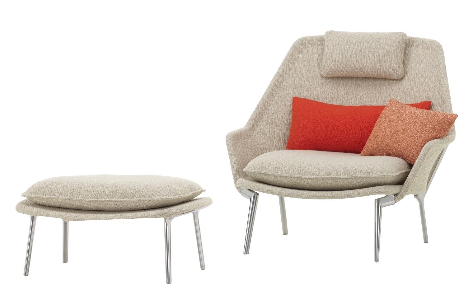 Vitra Slow Chair Sessel mit Ottoman in Stoff, beige mit roten und orangefarbenen Kissen.