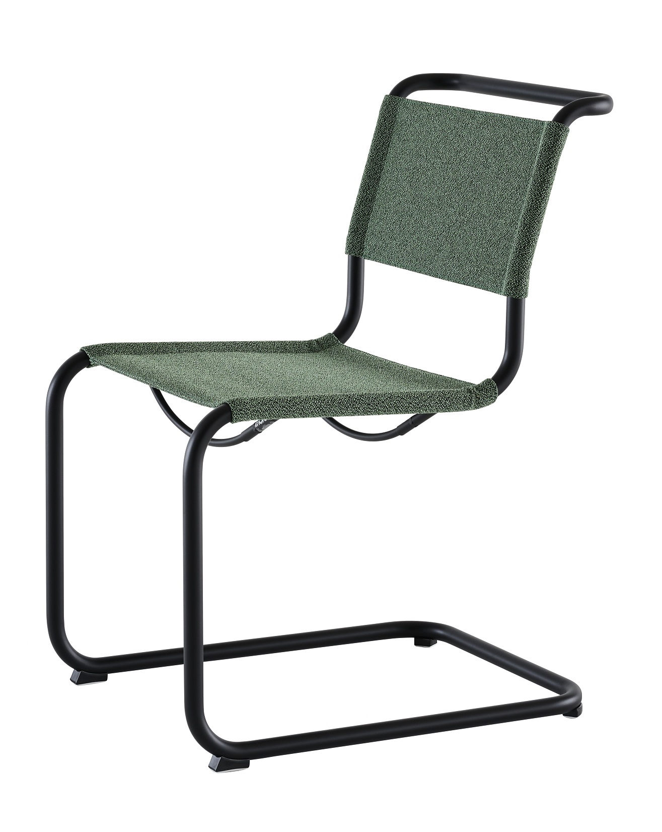 Thonet S 33 V Freischwinger mit olivgrünem Stoffbezug und schwarzem Stahlrohrgestell, seitliche Ansicht.