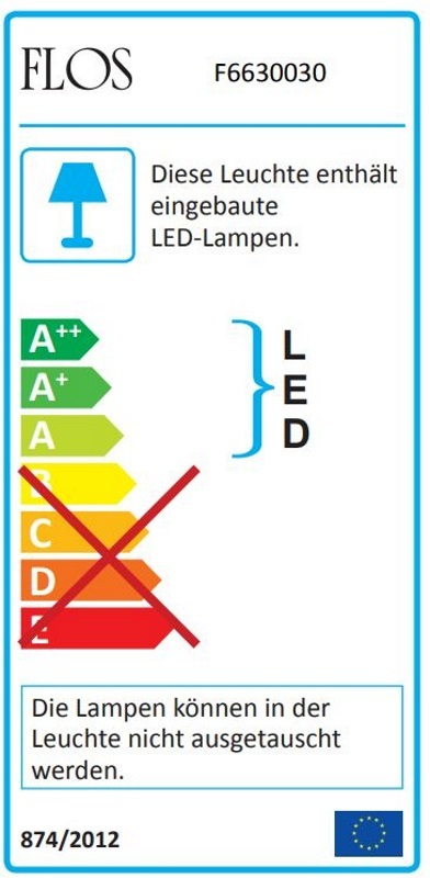 Energielabel der Flos Superloon Stehleuchte mit Informationen zu Energieeffizienz und LED-Technologie.