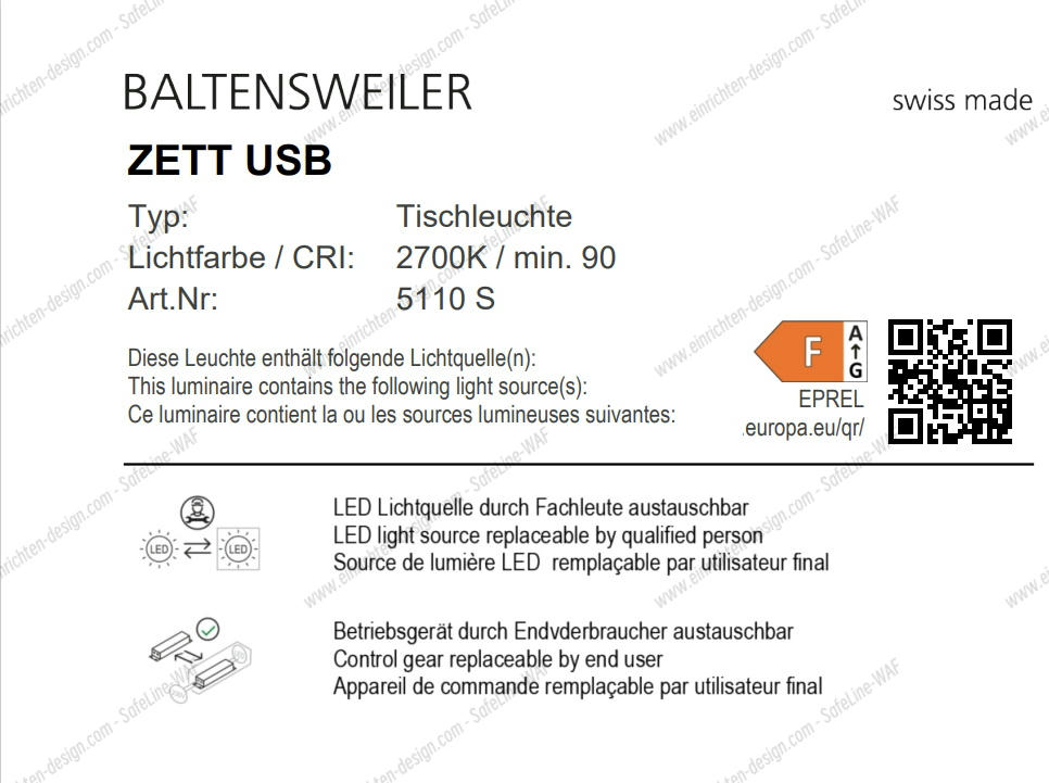 Detailansicht des Produktdatenblatts der Baltensweiler ZETT USB Tischleuchte mit technischen Informationen und Energieeffizienzklasse.