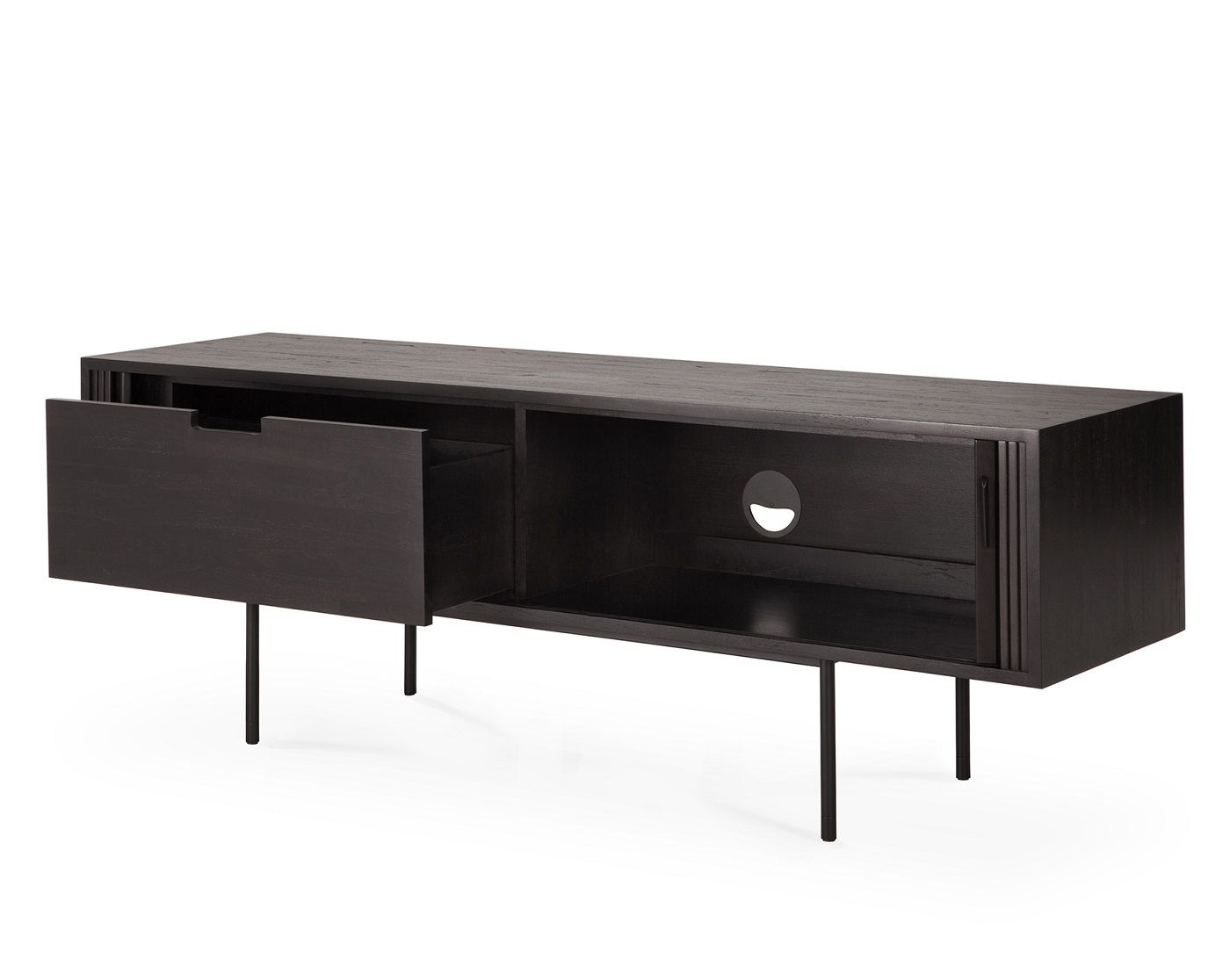 Schwarze TV Anrichte "Roller Max" von Ethnicraft aus Teakholz mit zwei Türen und Schublade.