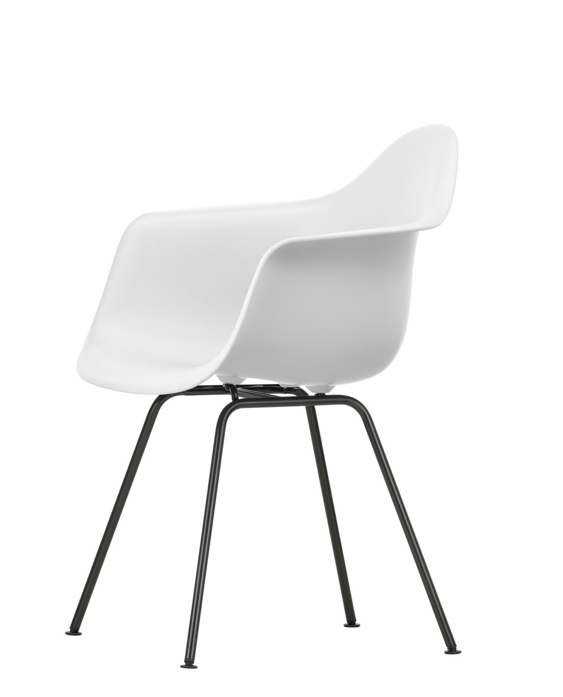 Weißer Eames Plastic Arm Chair DAX Stuhl von Vitra mit schwarzem Metallgestell, seitliche Ansicht.