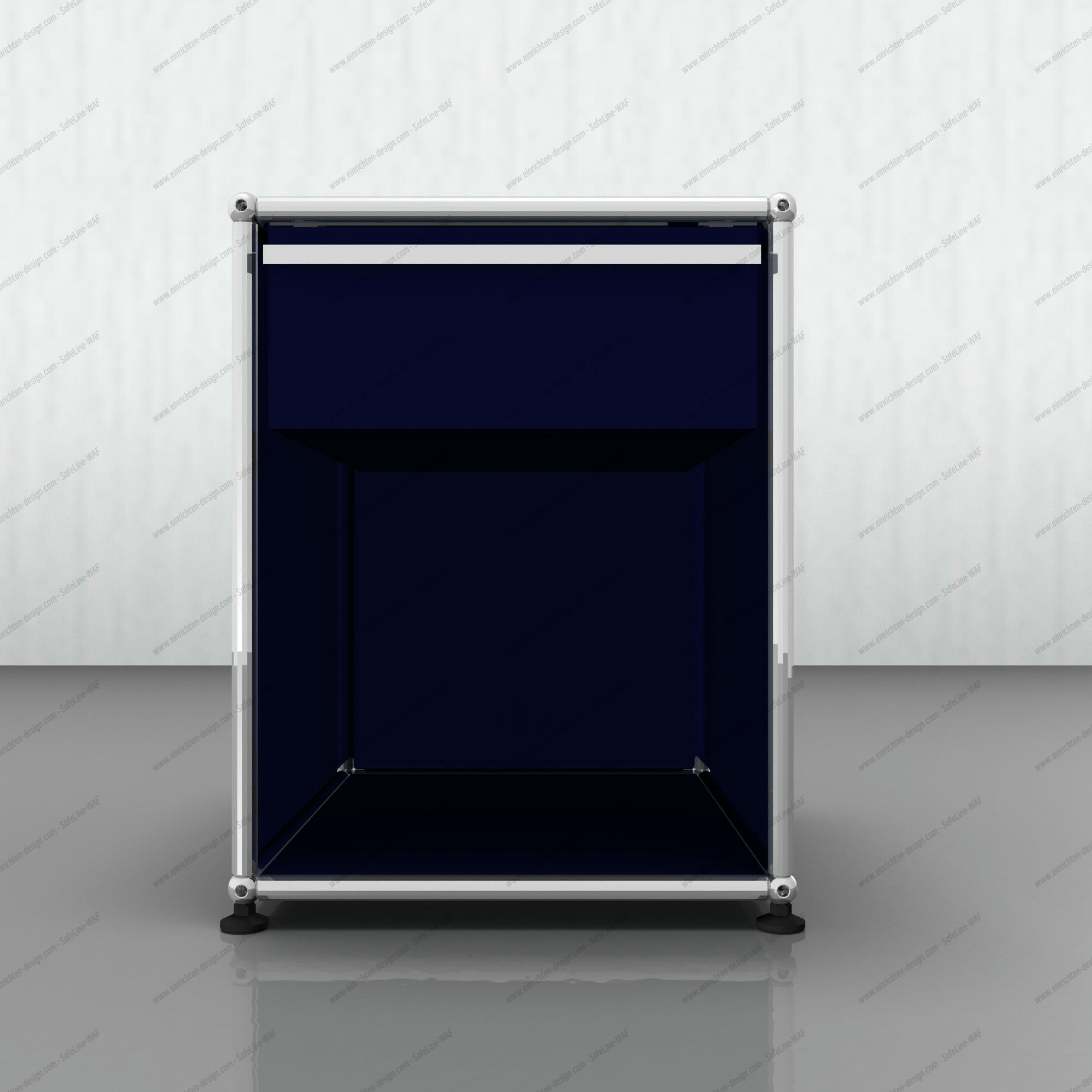 USM Haller Nachttisch in Stahlblau, minimalistisches Designmöbel für Schlafzimmer und modernes Wohnen.