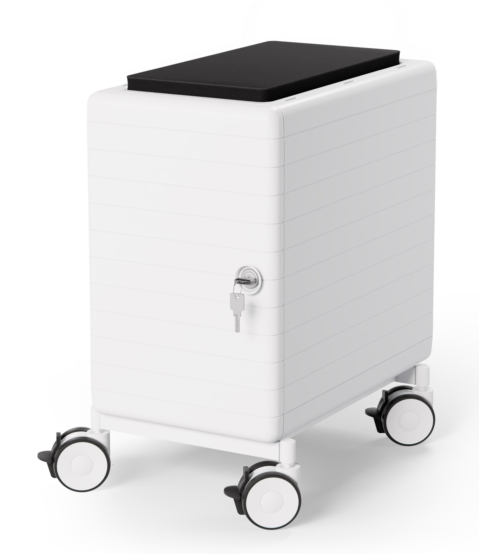 Personalbox Container von König und Neurath, weiß, abschließbar, mit Rollen und schwarzer Ablagefläche.