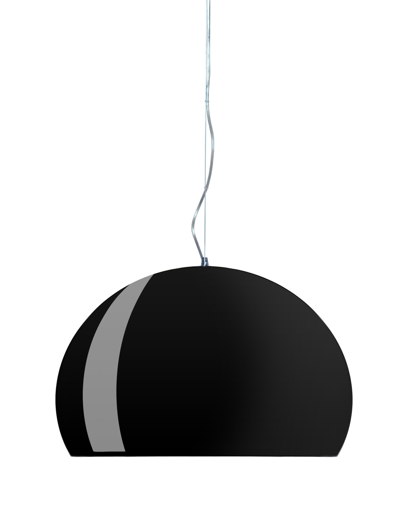 Schwarze Fly Pendelleuchte von Kartell, moderne Hängelampe mit grauem Akzent, Design-Beleuchtung für Wohnzimmer und Esszimmer.