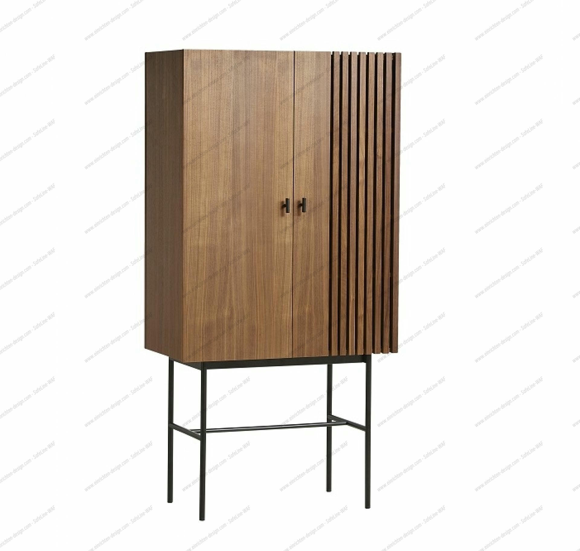 Array Highboard von Woud in Walnuss: Moderner Schrank mit Türen und filigranem Metallgestell.