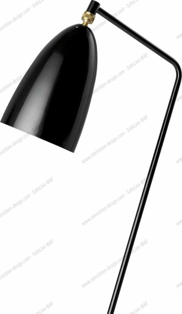 Detailaufnahme der Gräshoppa Stehleuchte von Gubi, schwarz glänzend, modernes Design, Innenbeleuchtung.