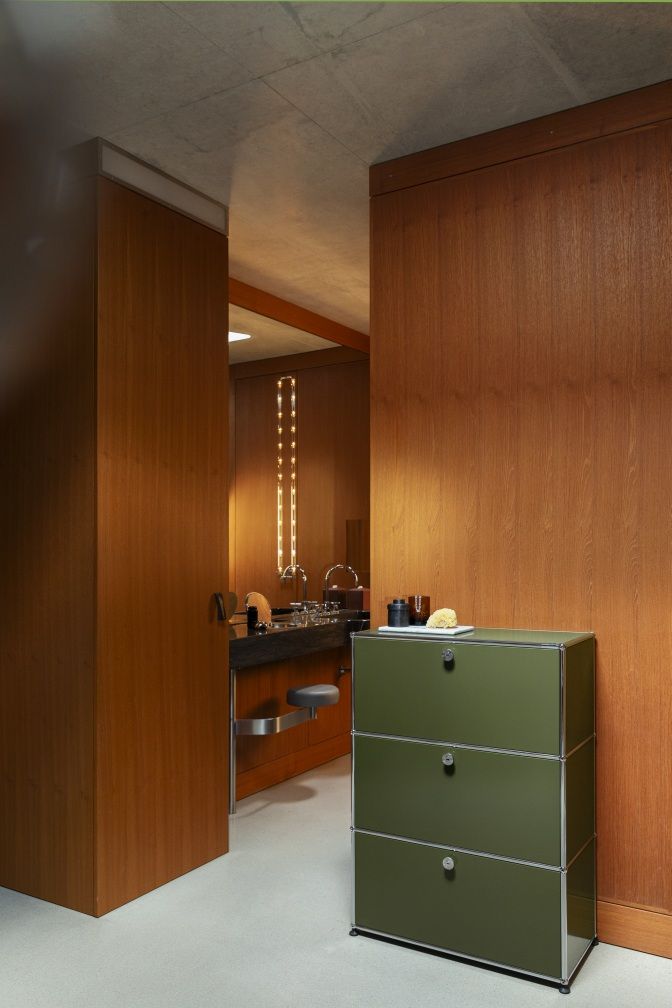 USM Haller highboard with three hinged doors olive green NEW STANDARD COLOUR 