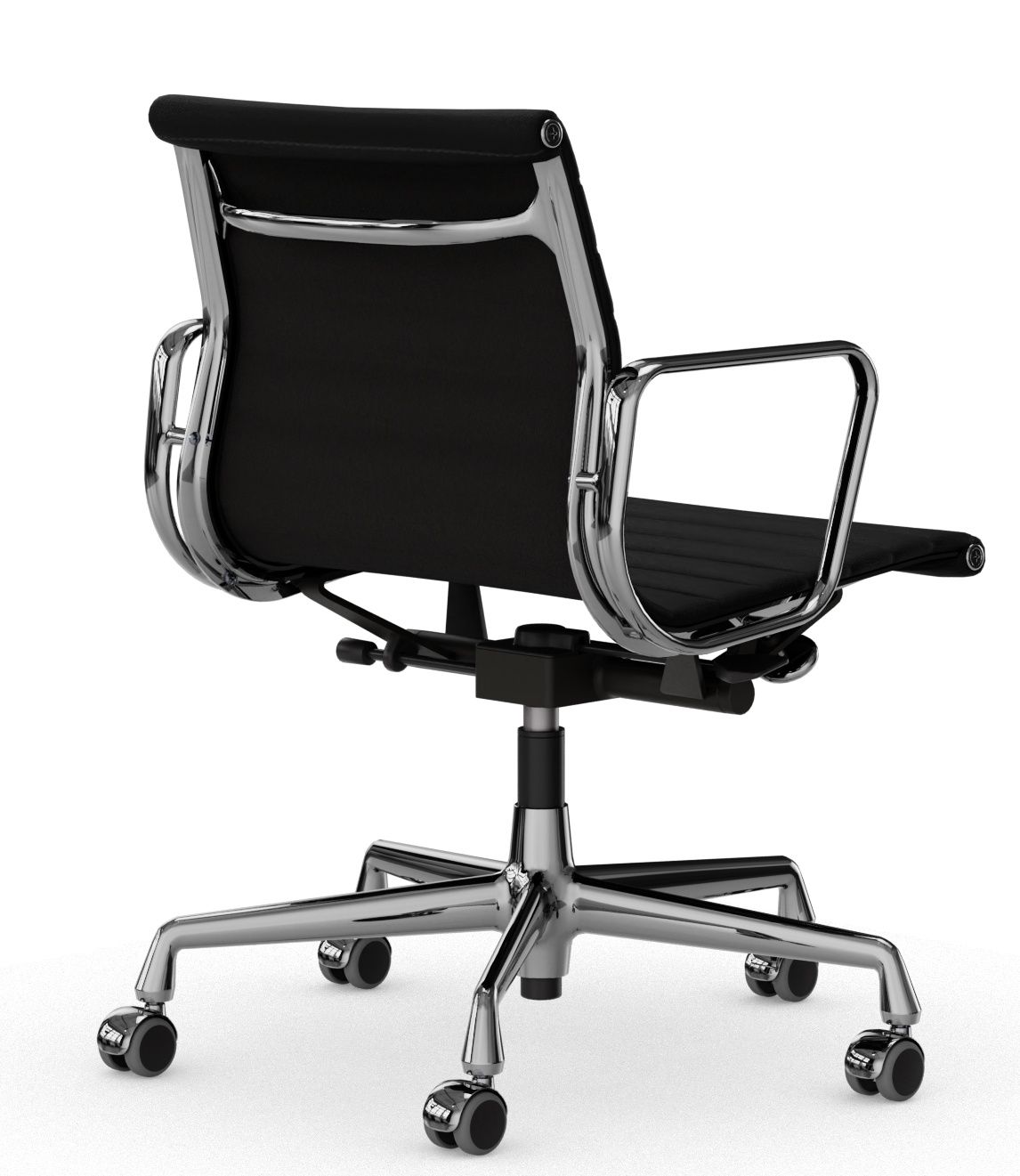 Vitra Aluminium Chair EA 118 in Leder Premium Nero, Bürostuhl mit Chromgestell und Rollen.