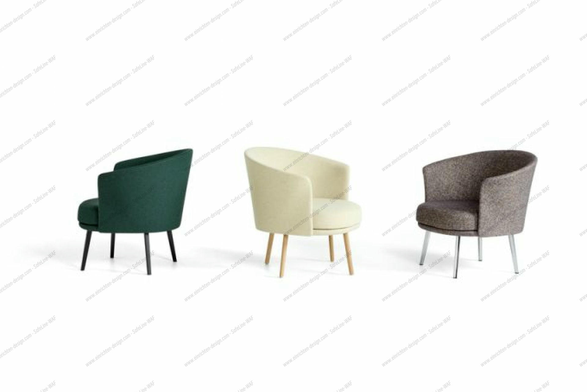 Drei Dorso Loungesessel von Hay in Grün, Beige und Braun mit unterschiedlichen Gestellen.