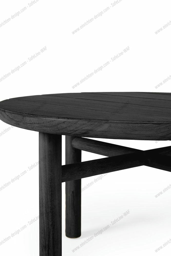 Detailaufnahme: Quatro Outdoor Couchtisch von Ethnicraft, Teakholz schwarz lackiert, runde Tischplatte.