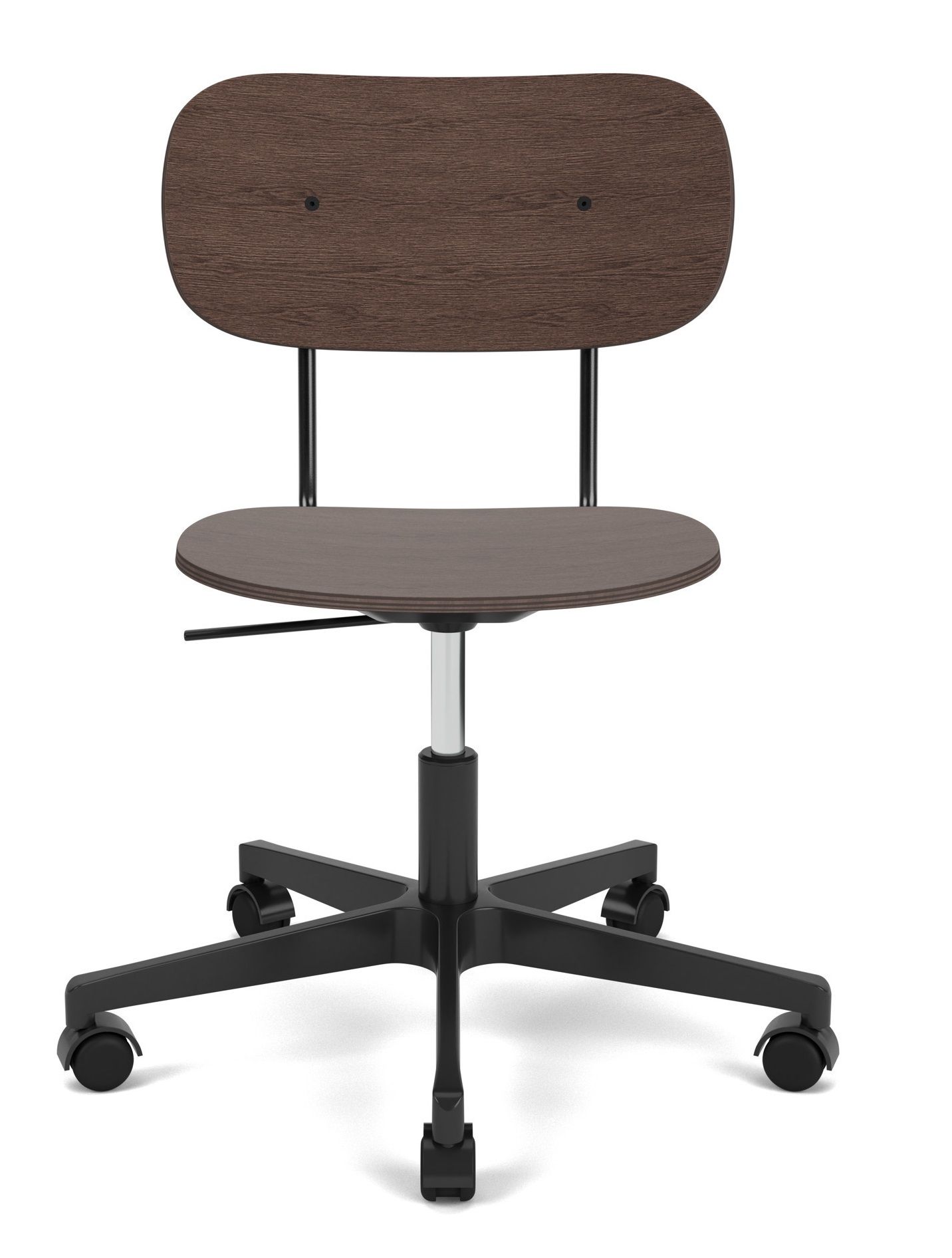 Audo Copenhagen Co Task Chair Bürostuhl mit brauner Sitzfläche und Rückenlehne, schwarzem Fußkreuz und Rollen.