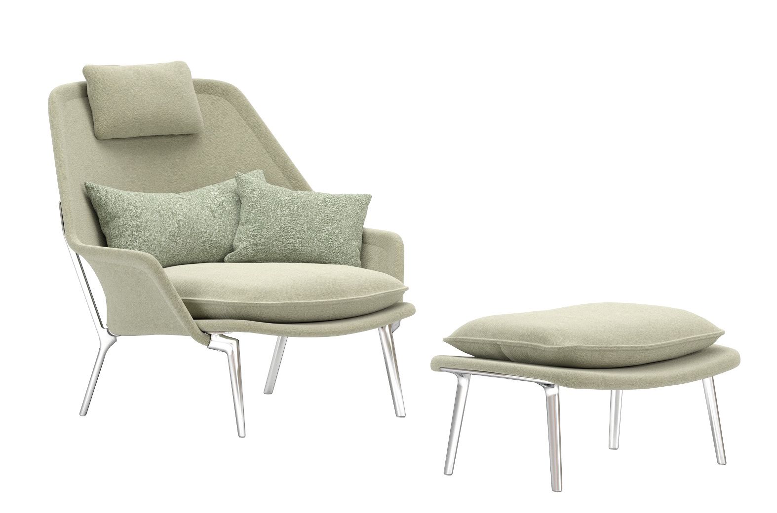 Vitra Slow Chair Sessel mit Ottoman in grünem Stoff und silbernem Gestell.