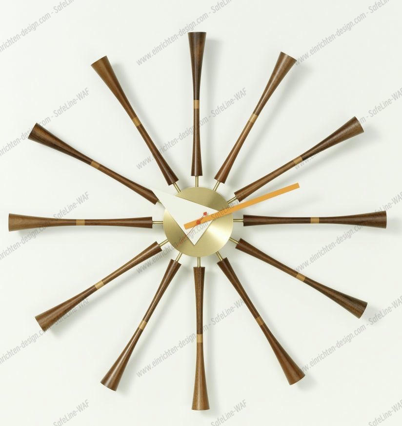 Vitra Spindle Clock Wanduhr aus Holz und Messing, modernes Design für Wohnzimmer.
