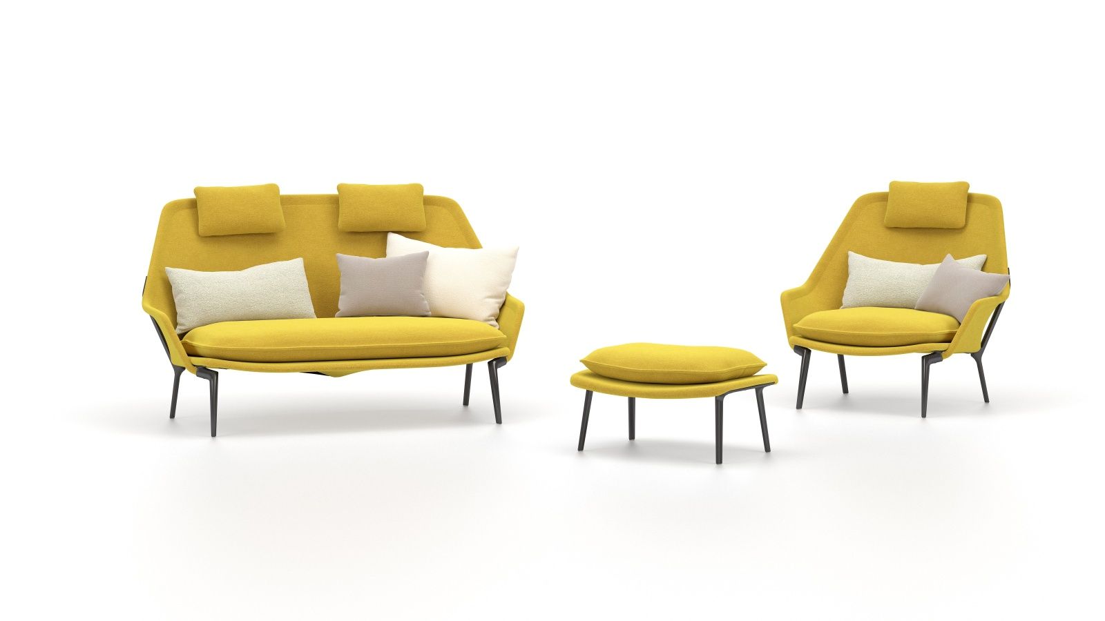 Gelbes Vitra Slow Chair Sofa und Sessel mit Ottoman, moderne Stoffpolsterung und Kissen.