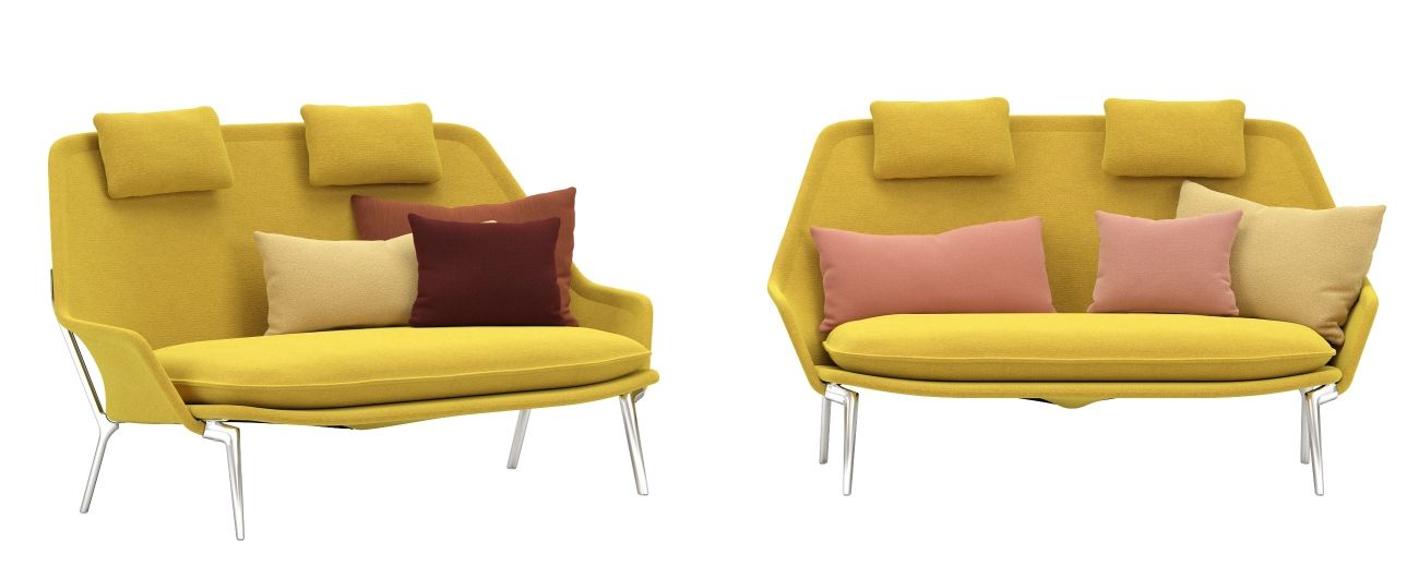Vitra Slow Sofa aus Stoff in Gelb, mit Kissen in verschiedenen Farben und Metallfüßen.